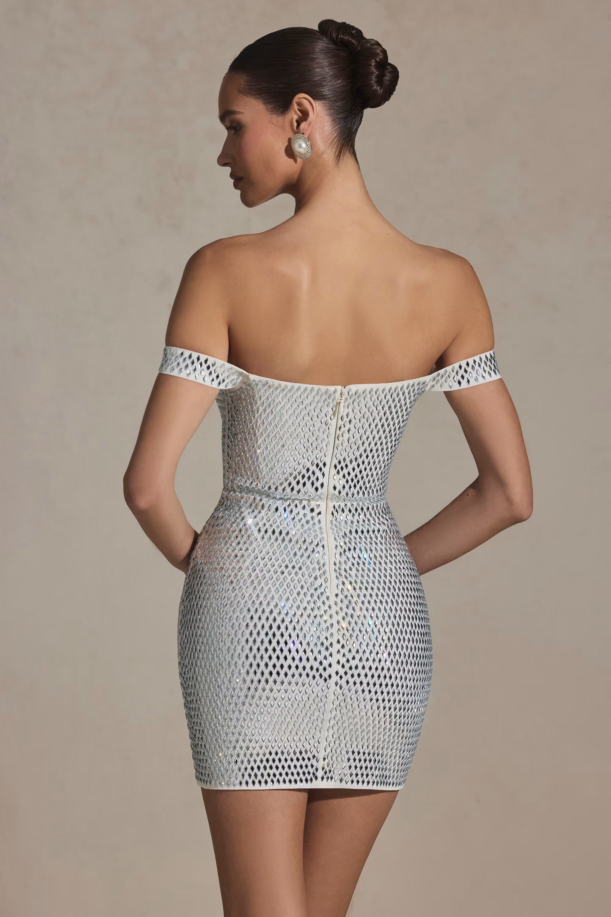 Embellished Off-Shoulder Mini Dress in White