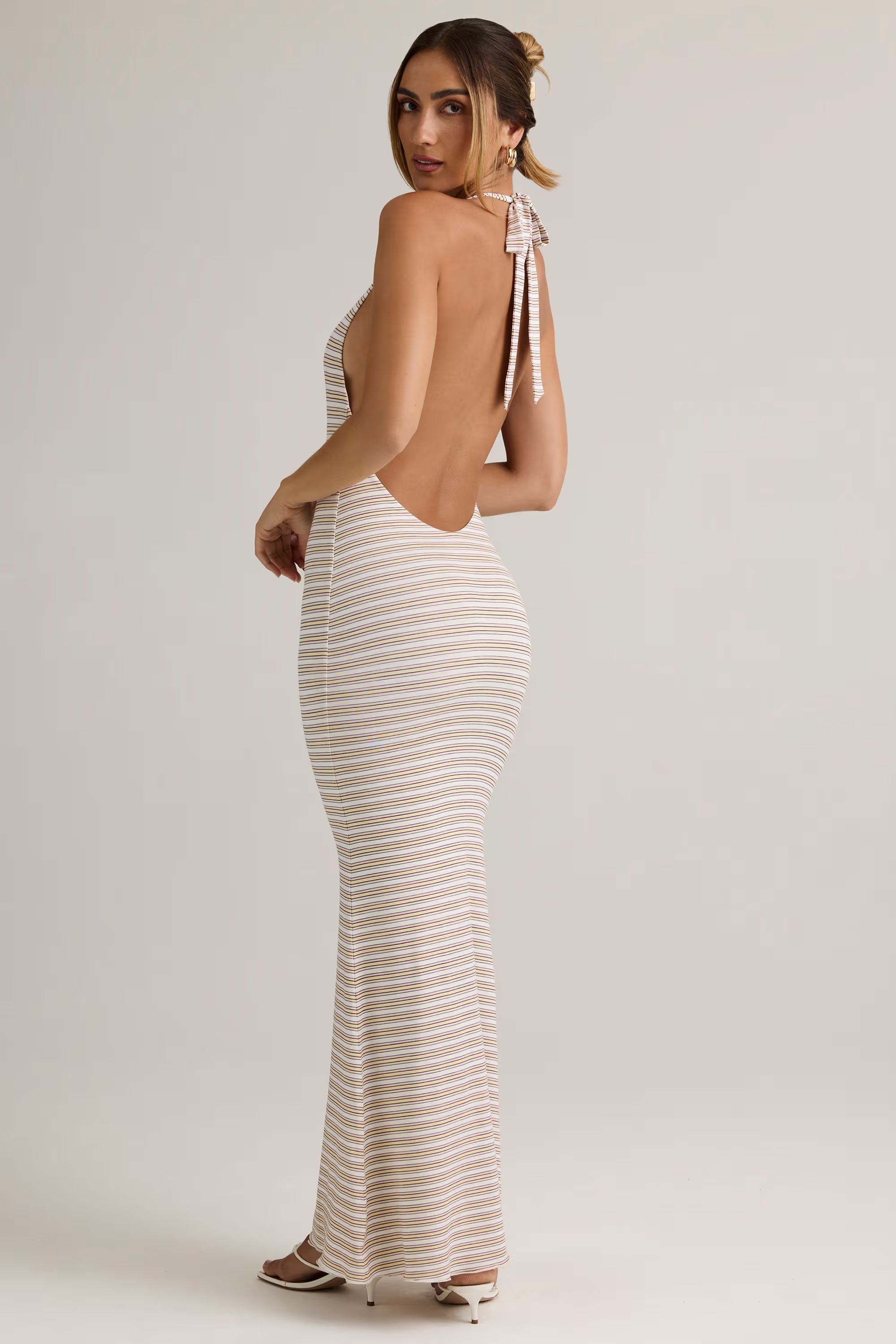 Modal Halterneck Maxi Dress in Pink Yellow Stripe