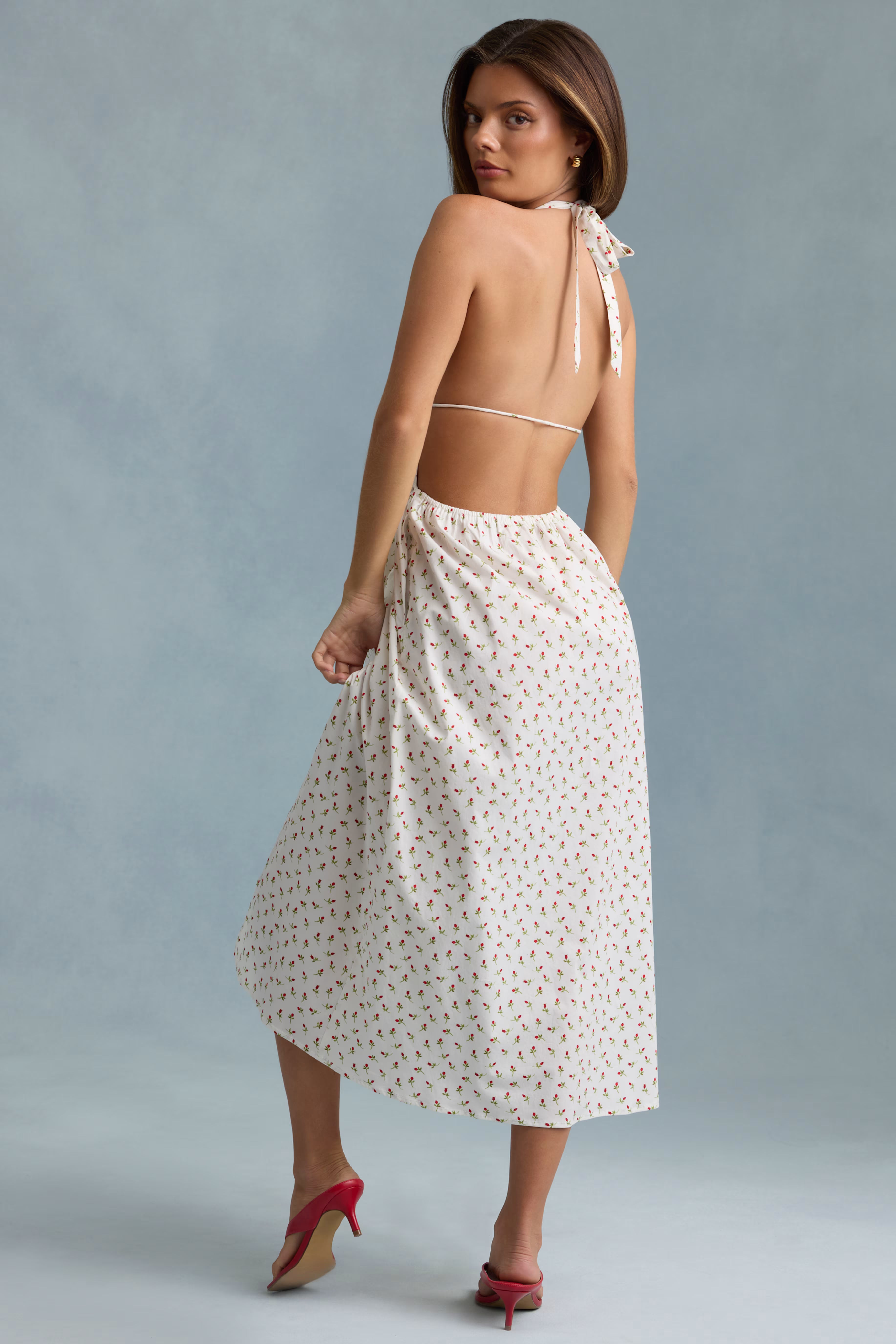 Backless Cotton-Poplin Maxi Dress in Rose Print